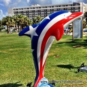 Patriotic Dolphin sports Red white and blue at Pier 60 Clearwater Beach Florida