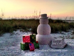 Happy Holidays from Florida Snowman at sunset in Treasure Island Florida