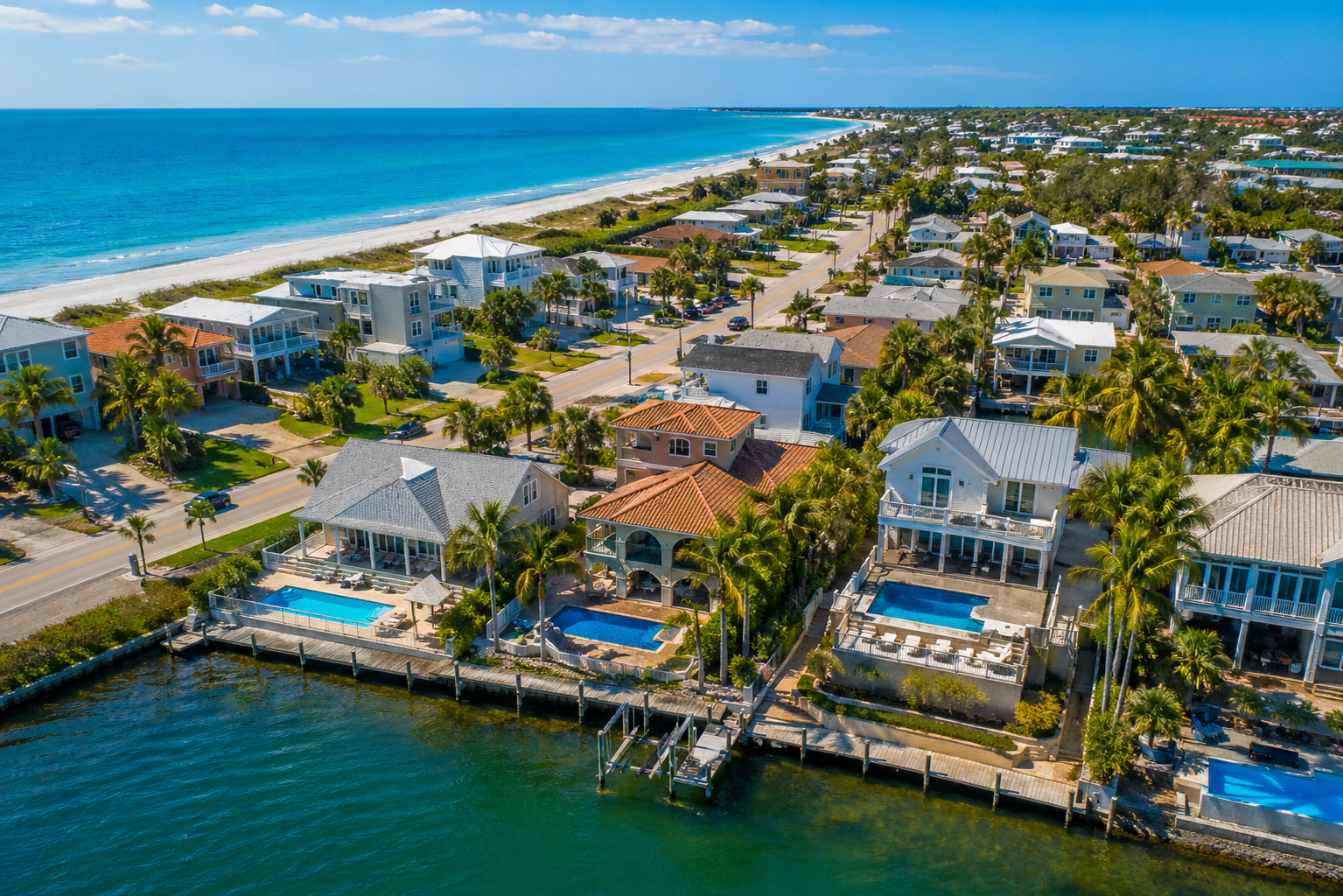 Aerial view of STR homes in Indian Rocks Beach showing STR pricing trends for Pinellas Gulf Beaches in 2026 with coastal properties, pools and outdoor living areas