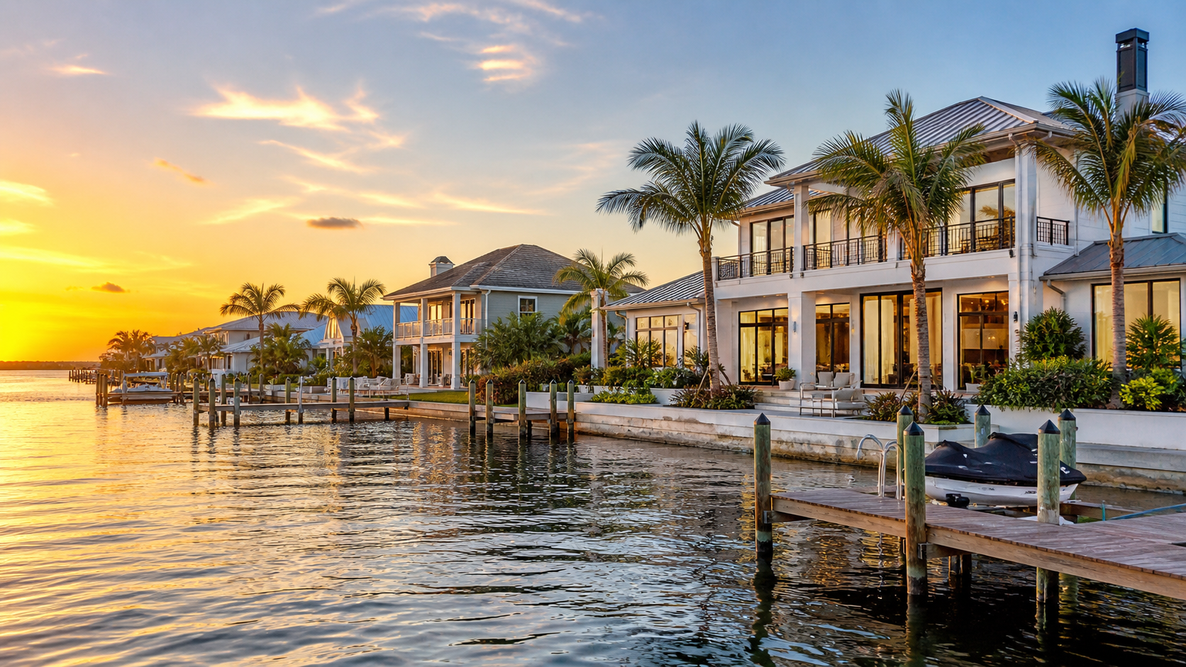 Clearwater Beach waterfront homes with private docks and coastal views at sunset
