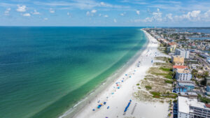 Madeira Beach Short-Term Rental Condos and Condo-Hotels Aerial View looking North down the beach
