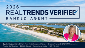 Cyndee Haydon, RealTrends Verified 2026 Ranked Agent, Airbnb and short-term rental investment advisor on the Pinellas Gulf Beaches, aerial view of Indian Rocks Beach Florida, Sandbars to Sunsets Team with Future Home Realty