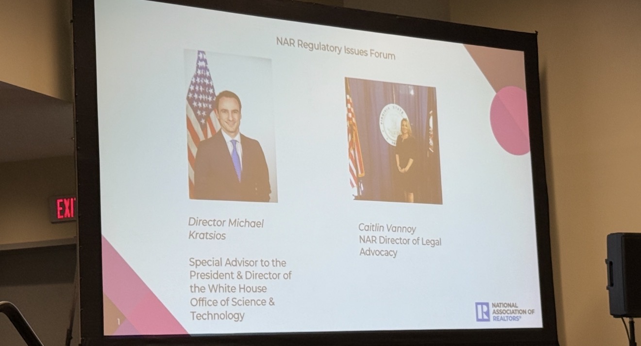 NAR Regulatory Issues Forum session slide showing Director Michael Kratsios White House Office of Science and Technology Policy and Caitlin Vannoy NAR Director of Legal Advocacy AI regulation 2026